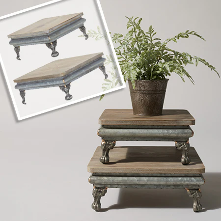 Galvanized Metal and Wooden Pedestal Risers, Set of 2