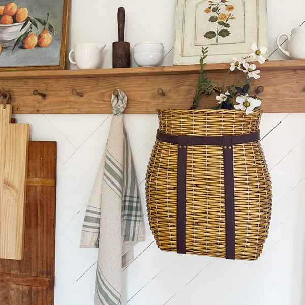 Oversized Rattan Wall Basket with Vegan Leather Trim