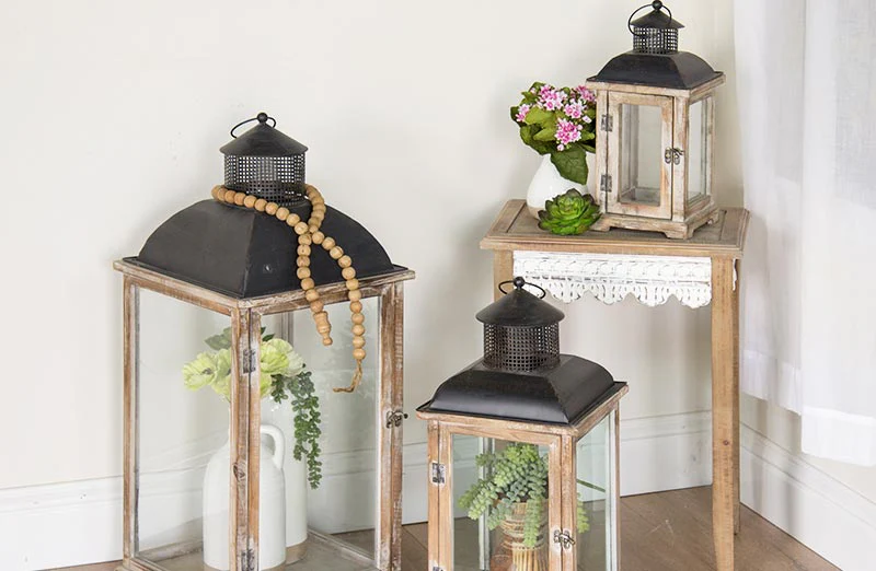Wooden Framed Lanterns Set of 3