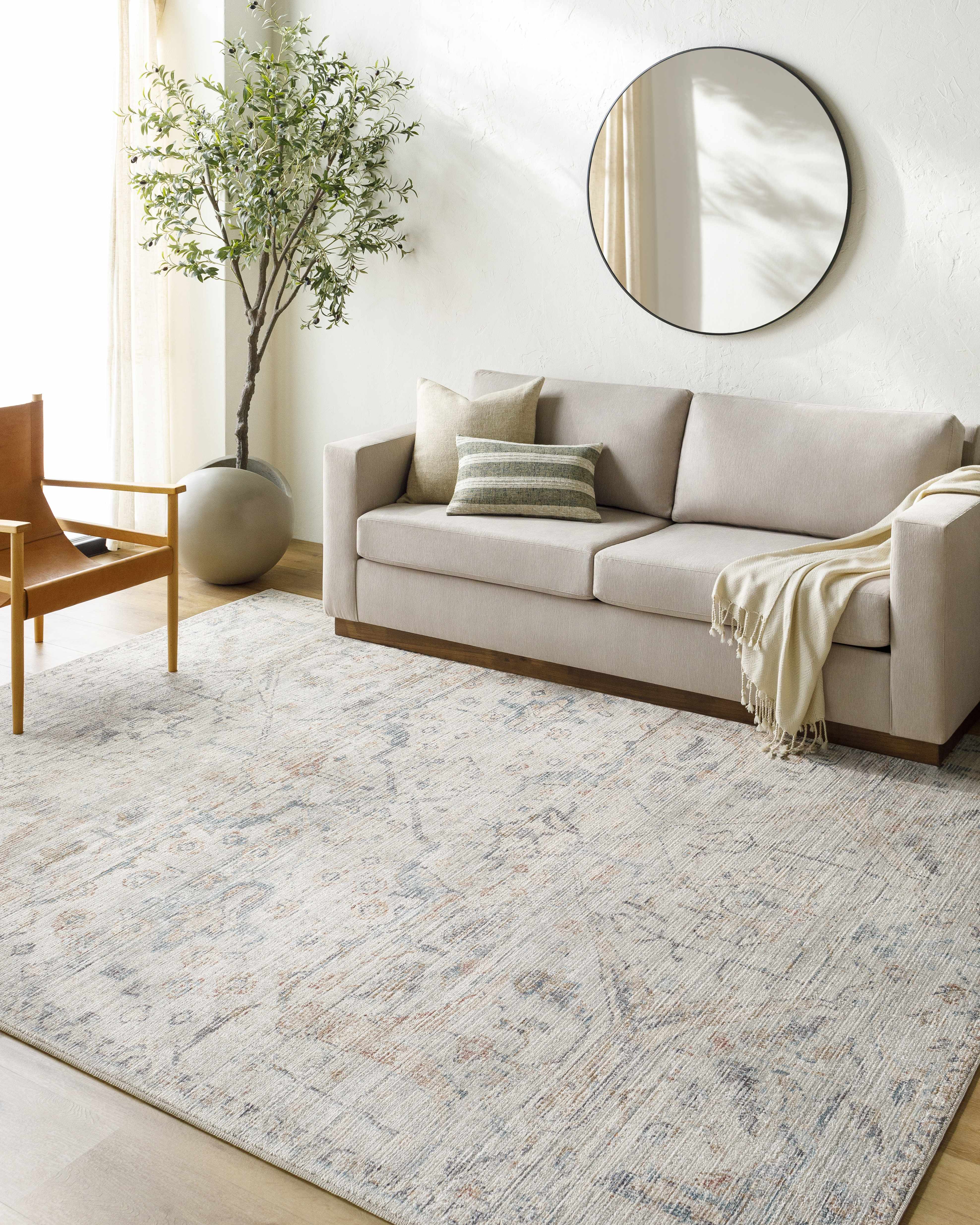 Damask Off White & Blue Area Rug