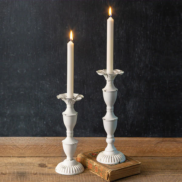 Chippy White Metal Candlesticks, Set of 2