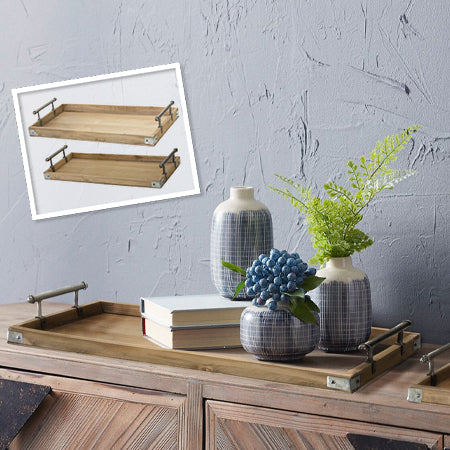 LARGE Natural Wooden Serving Trays with Handles, Set of 2