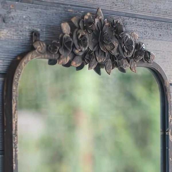 Antique Inspired Rectangular Metal Mirror with Flowers