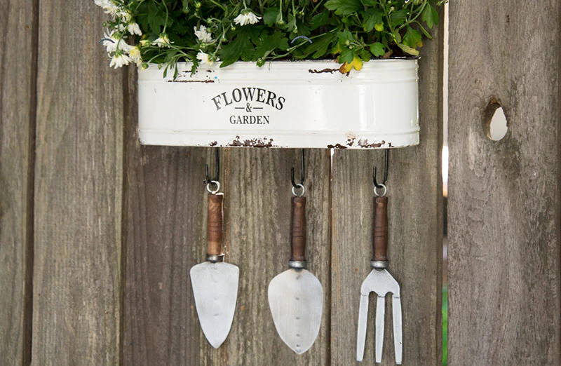 Enamel Planter With Gardening Tools
