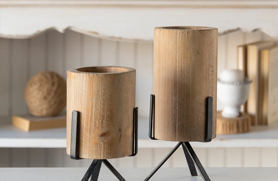 Natural Wood Vases with Stands, Set of 2