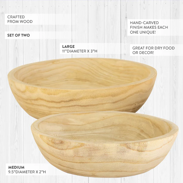 Hand Carved Chunky Wooden Bowls, Set of 2