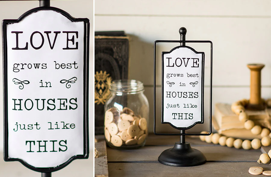 Enamel Love Grows Sign on Stand