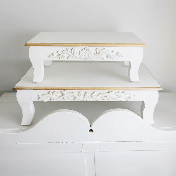 Antique Inspired Ornate White Wood Risers, Set of Two