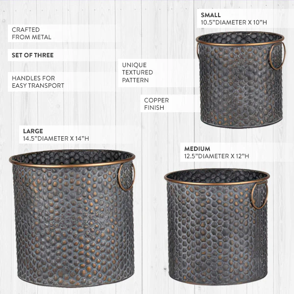 Textured Zinc and Copper Planters with Handles, Set of 3