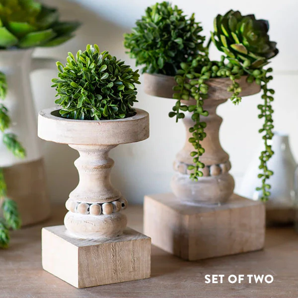 Whitewashed Beaded Candle Holders, Set of 2