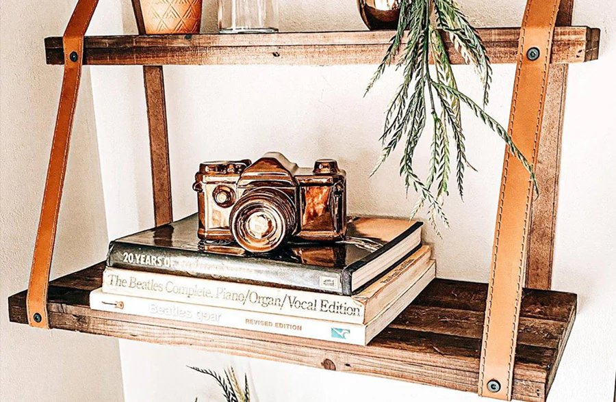 Floating Wall Shelf with Faux Leather Straps, Pick Your Size