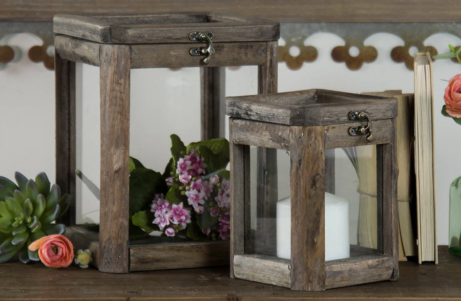 Wooden Framed Box Candle Holders, Set of 2