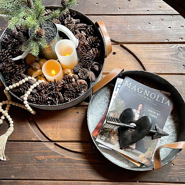 Modern Farmhouse Trays with Leather Handles, Set of 2