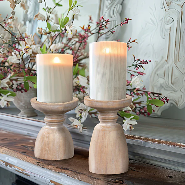 Whitewash Pillar Candle Holders, Set of 2