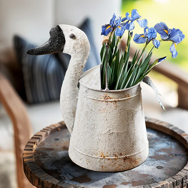 Distressed Goose Metal Bucket with Wood Handle