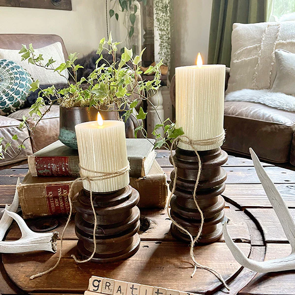 FOUND Repurposed Yarn Spool Antique Candle Holders, Set of 2