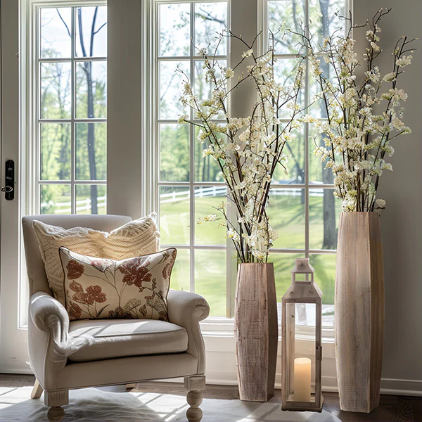 Tall White-Washed Wooden Vases, Set of 2