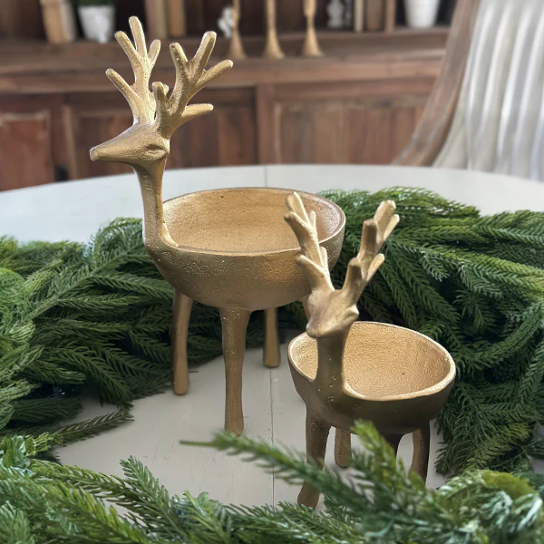 Gold Metal Reindeer Figurine Bowl, Set of 2