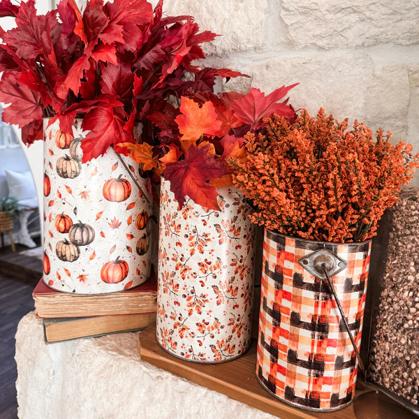 Tall Fall Floral Patterned Metal Buckets, Set of 3