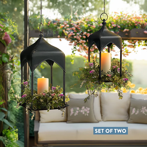 Distressed Black Iron Hanging Lanterns, Set of 2