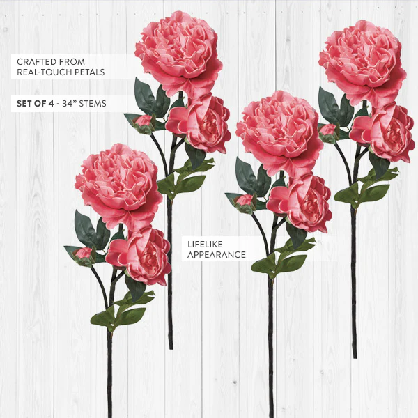 Real Touch Faux Pink Peonies Flowers, Set of 4