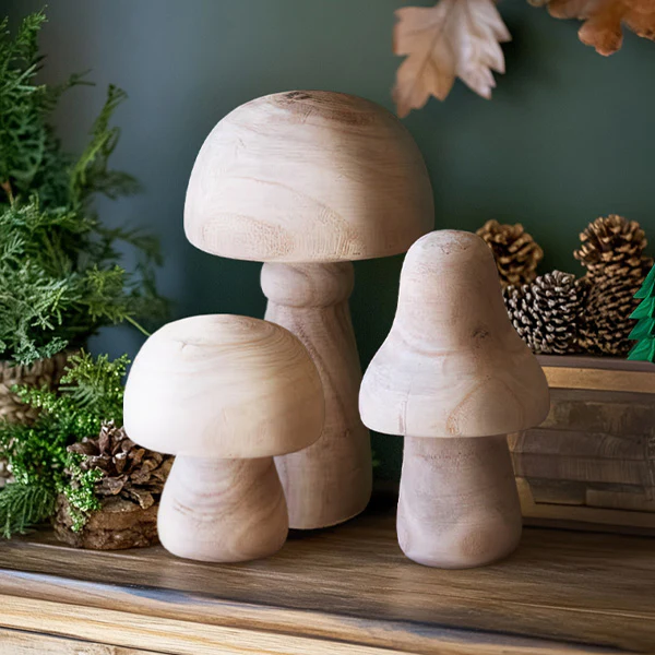 Natural Wooden Mushroom Decor, Set of 3