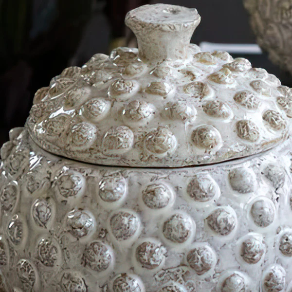 Round Knobby White Ceramic Canisters, Set of Two