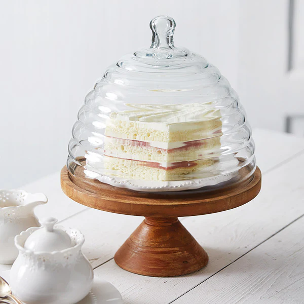 Modern Honey Hive Glass Cloche with Mango Wood Stand
