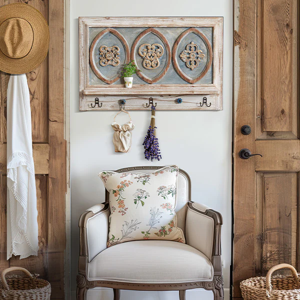 French Provincial Wooden Shelf with Hooks