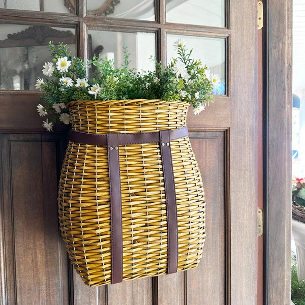 Oversized Rattan Wall Basket with Vegan Leather Trim