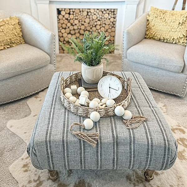 Large Striped Upholstered Ottoman