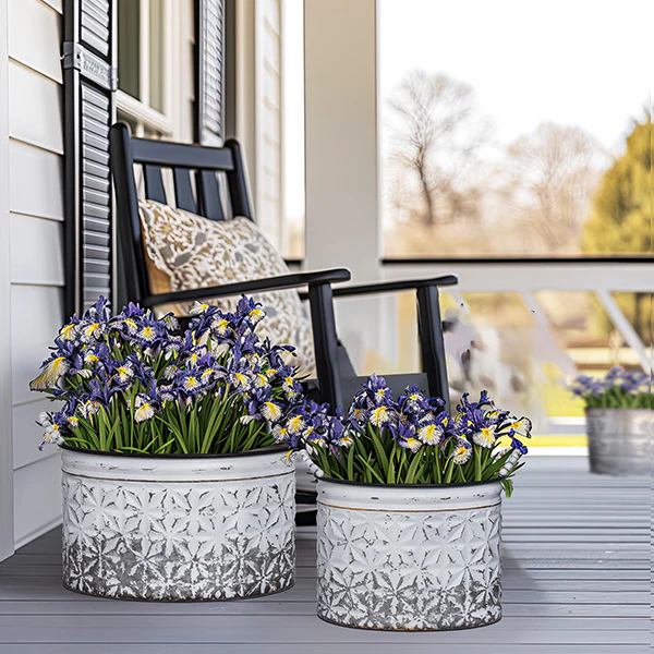 Distressed Metal White Planters with Handles, Set of 2