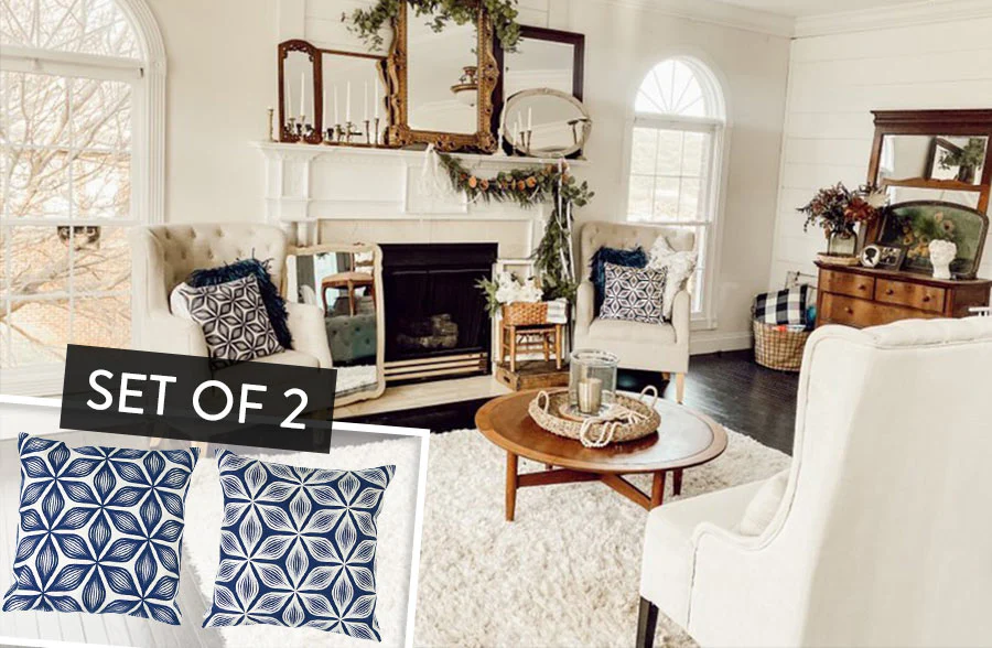 Navy and White Patterned Pillows, Set of 2