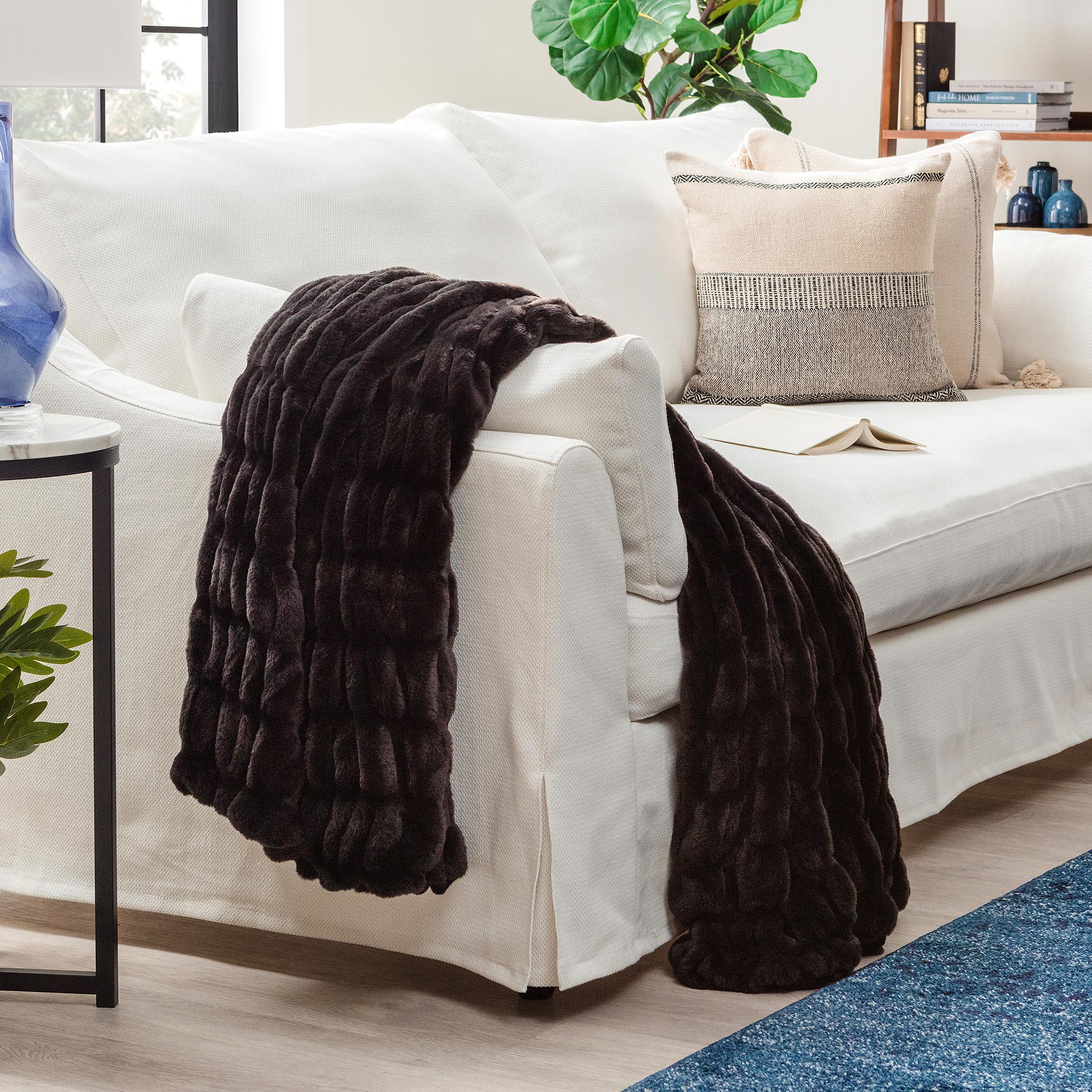 Ruched Faux Fur Throw Blanket