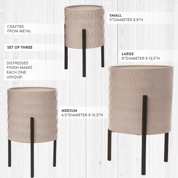 Textured Metal Planters with Stands, Set of 3