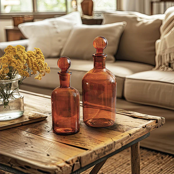 Amber Apothecary Glass Bottles with Stoppers, Set of Two