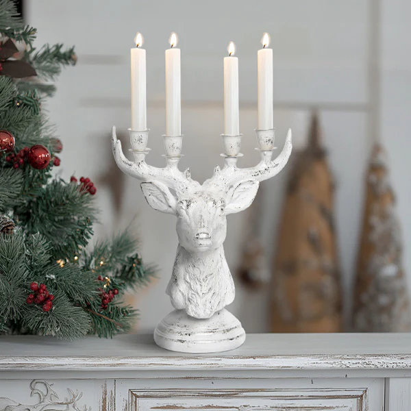 White Distressed Reindeer Candle Holder