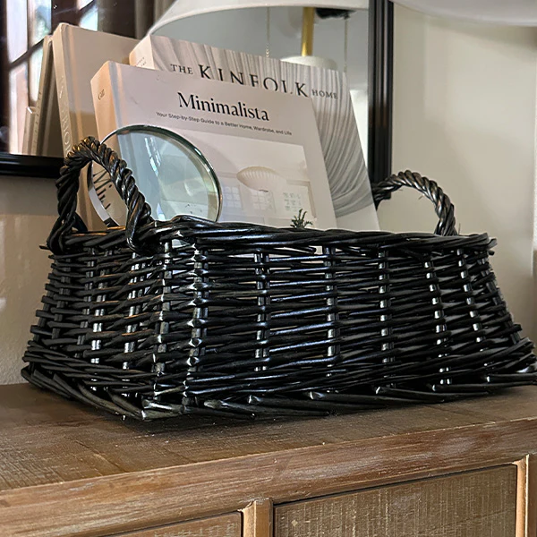 Black Finish Willow Storage Baskets with Handles, Set of Two