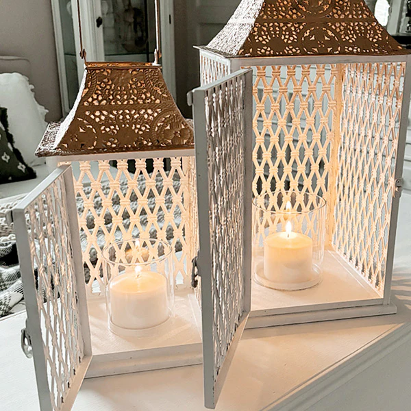 Large Ornate Caged Metal Candle Lanterns, Set of 2