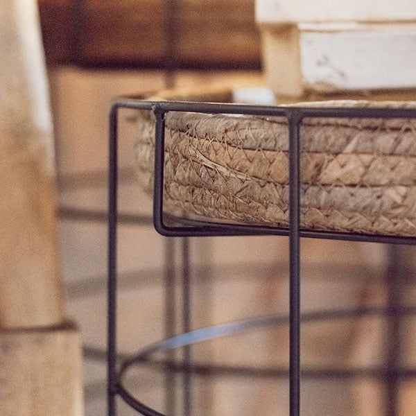 Metal End Tables with Seagrass Trays, Set of 2