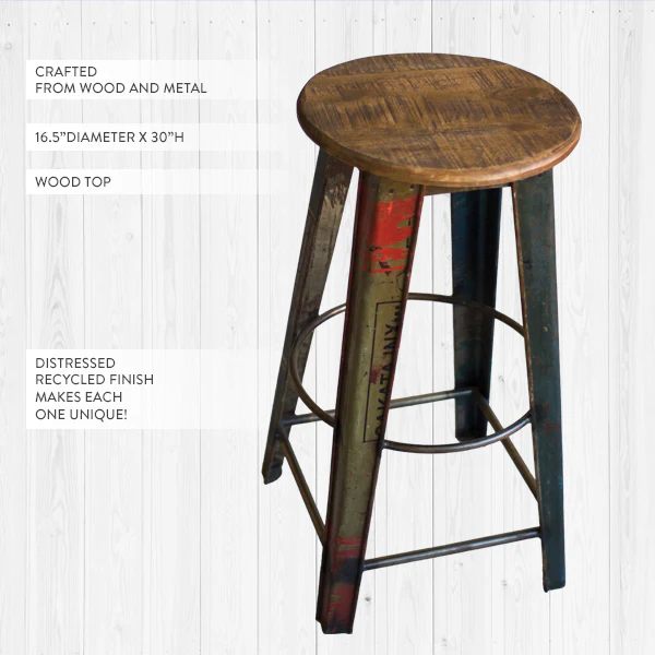 Recycled Metal Bar Stool with Wooden Top