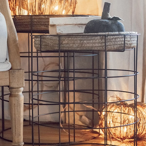 Metal End Tables with Seagrass Trays, Set of 2