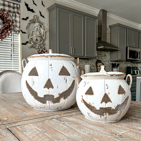 Distressed Jack-o-Lantern Candy Bucket with Lid, Set of Two
