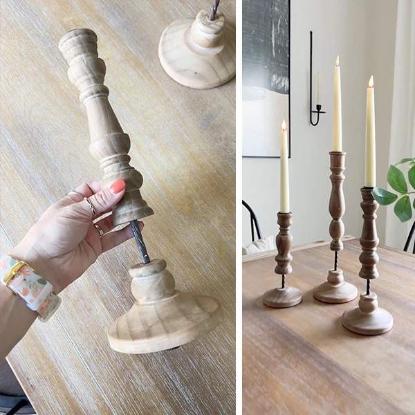 Carved Wooden Candlesticks, Set of 3