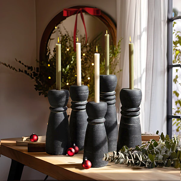 Large Clay Black Taper Candle Holders, Set of 5
