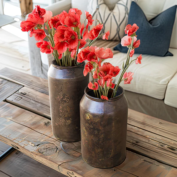 Weathered Brass Finish Flower Vases, Set of 2