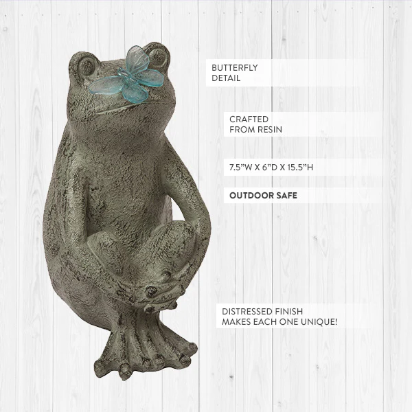 15 Inch Green Spring Frog Decor with Butterfly