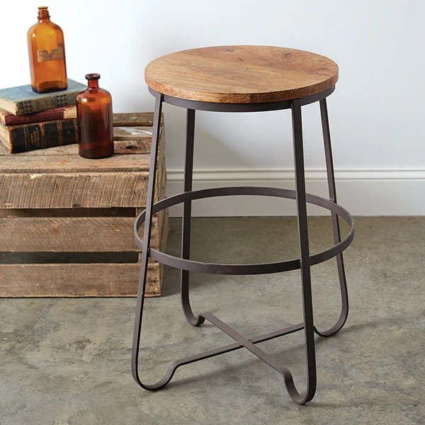 Rustic Hardwood and Metal Bar Stool