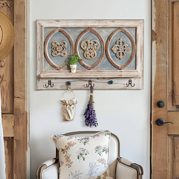 French Provincial Wooden Shelf with Hooks