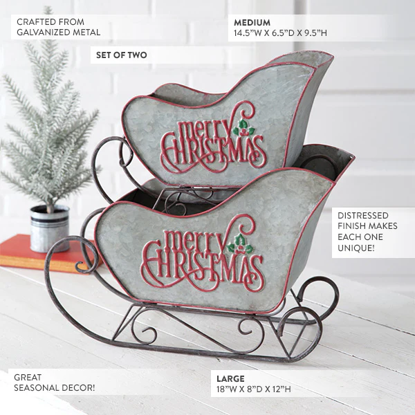 Embossed Metal Christmas Sleighs, Set of 2